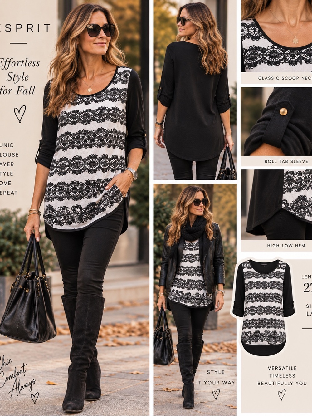 Esprit Black White Lace Print Tunic Blouse Size L
